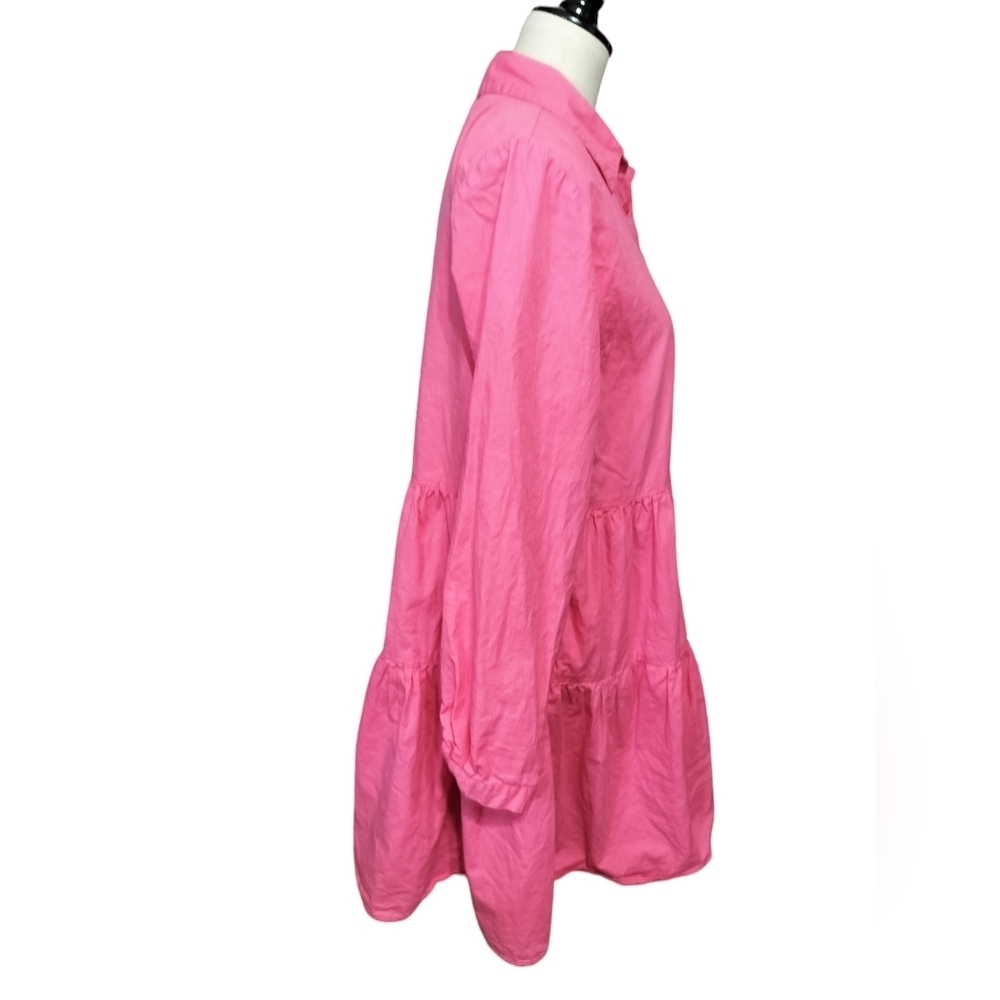 2561)New York & Co Pink Button down Tiered Poplin Long Sleeve Shirt Dress Size L - Picture 4 of 10